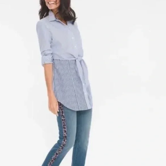 Chico’s Blue/White Stripe Tie-Front Button Down Coastal Classic Tunic Size LG - Picture 3 of 6